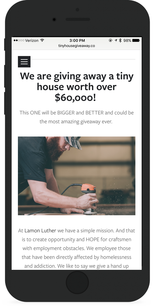 Homepage Phone with Tiny House Giveaway Image